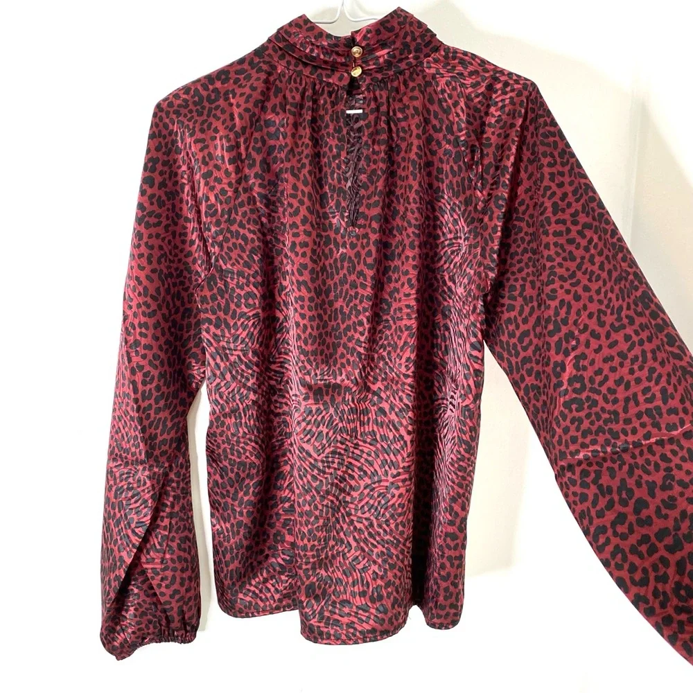 MICHAEL Michael Kors Wine Black Animal Print Pleated Blouse Long Puff Sleeve NWT - Picture 8 of 9